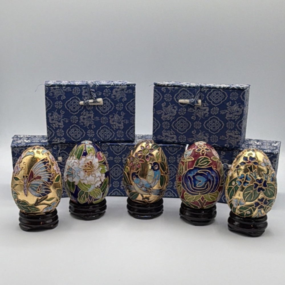 VTG Cloisonne Enamel Egg Collection Set Of 5 w Stands Boxes COA Floral Butterfly